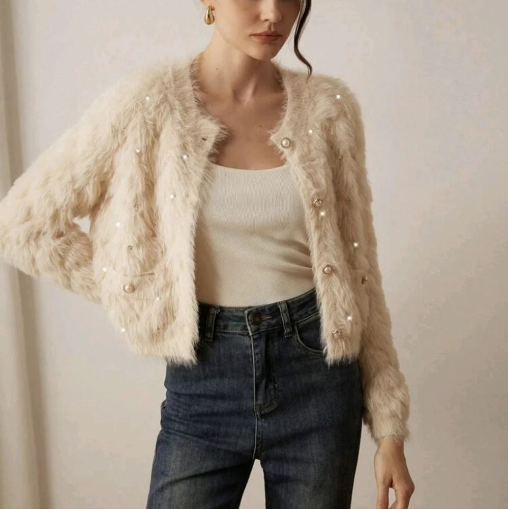 V-Neck Studded Diamond Pattern Faux Mink Elegant Cardigan Sweater For Women - Picture 5 of 5